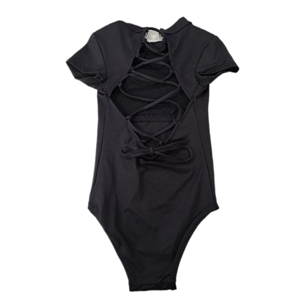 Aja Girls Crisscross Lace Up Cutout Open Back Short Sleeve Dance Leotard Youth